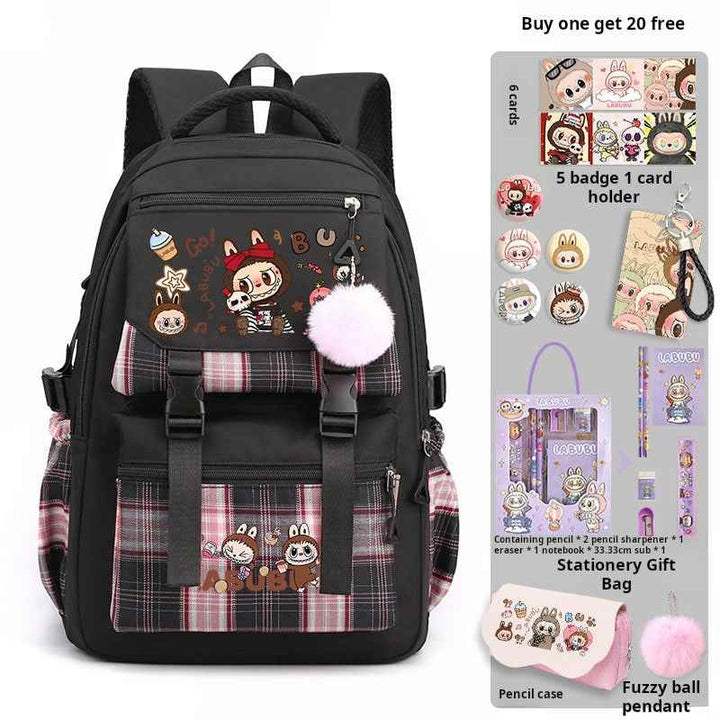 Black LABUBU backpack with cute cartoon design, large capacity, plaid front pocket, and pink fuzzy ball accessory, accompanied by 20-piece free school stationery set.