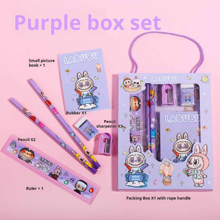 Purple LABUBU school supply set with cartoon design, includes pencils, sharpener, ruler, eraser, and small notebook in a handle box.