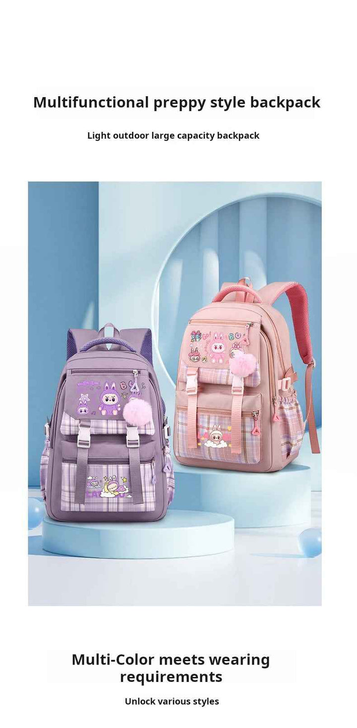 LABUBU cartoon-style large capacity backpack with school supplies and cute pom-pom accessory in purple and pink colors