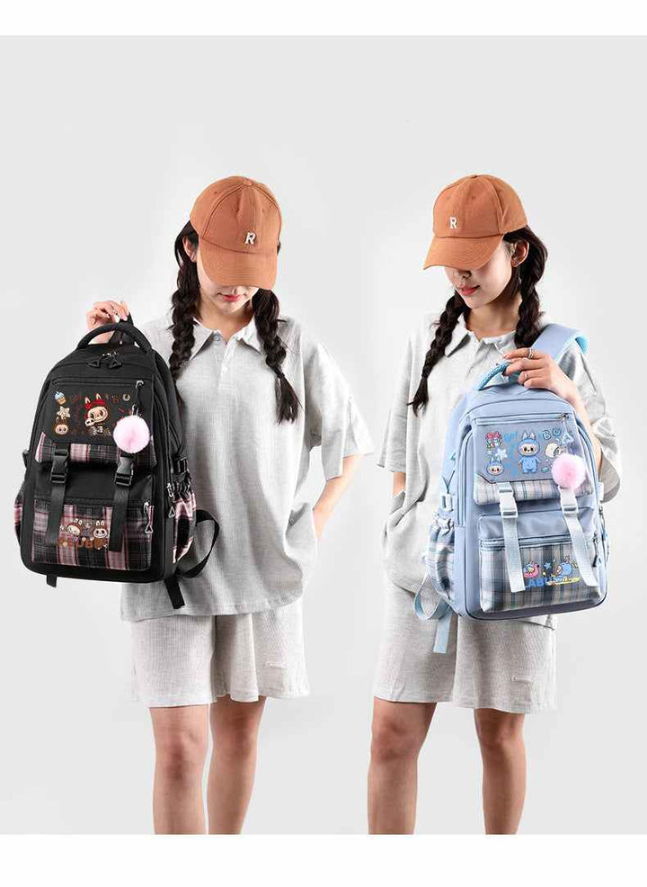 Cute LABUBU school backpacks with large capacity and cartoon design, available in black and blue, featuring a fluffy keychain accessory.