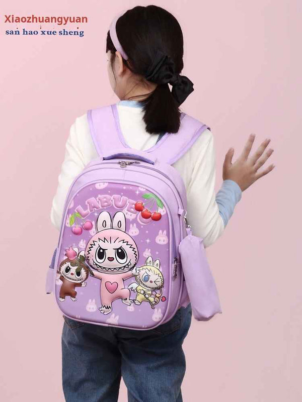 حقيبة LABUBU Lightweight spacious LABUBU cartoon backpack for kids in purple with cute character design and padded shoulder straps