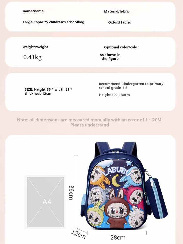 Lightweight LABUBU cartoon schoolbag with large capacity, durable Oxford fabric, padded shoulder straps, and colorful playful design for kids.