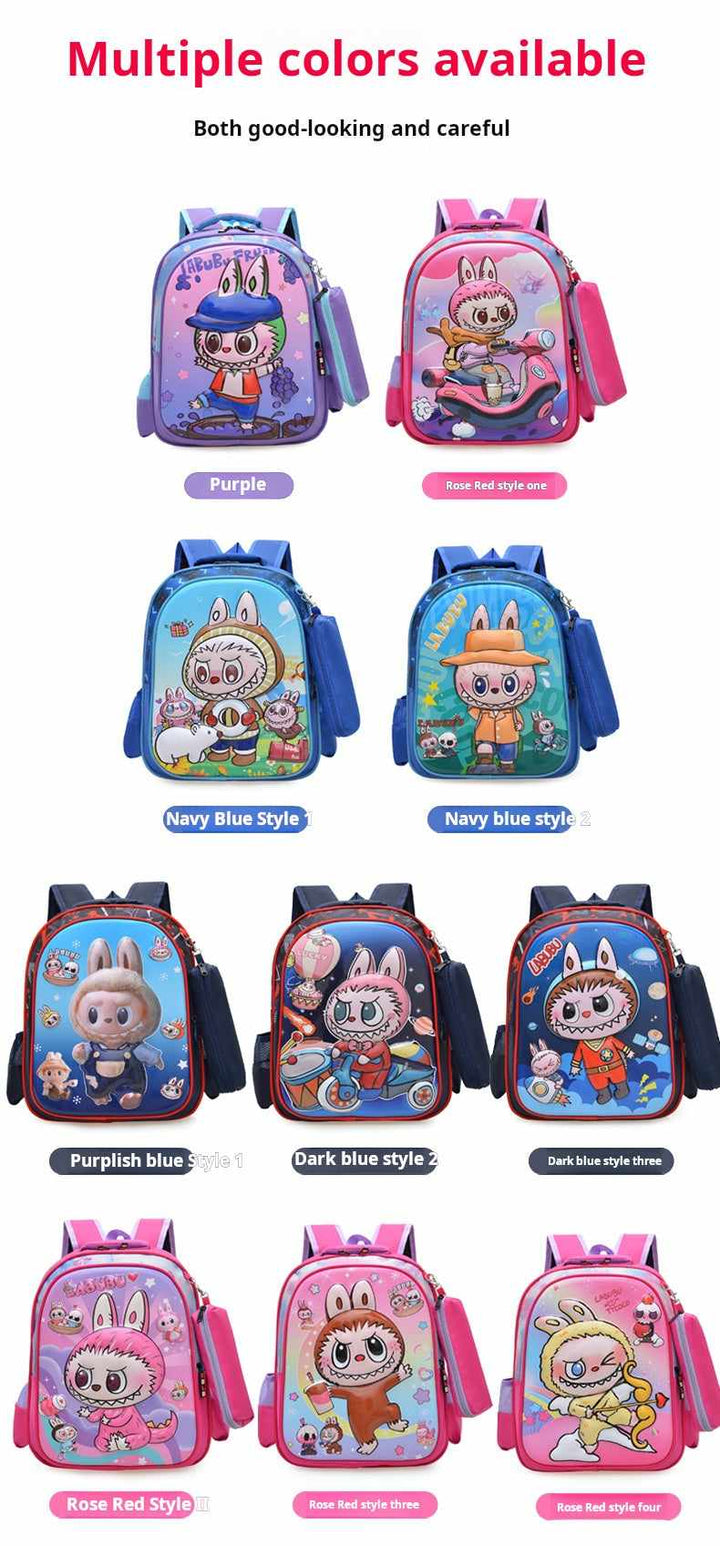 Colorful LABUBU cartoon backpack collection for kids, lightweight durable Oxford fabric, multiple compartments, padded straps, cute designs in purple, pink, navy blue, and more.