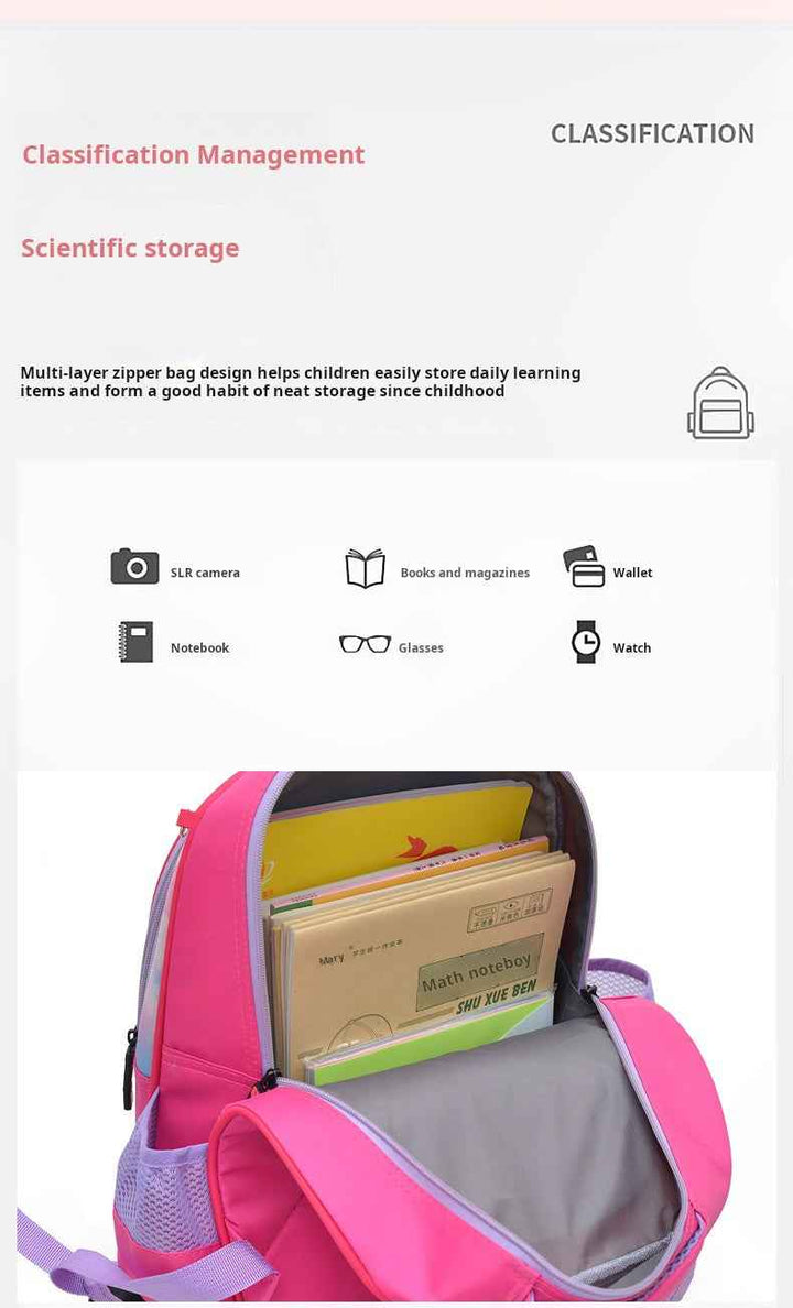 Pink LABUBU cartoon backpack with large capacity, lightweight design, multiple compartments, and padded shoulder straps for children.