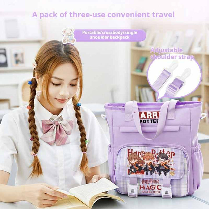 Purple Harry Potter themed school backpack with three-use design and adjustable shoulder strap