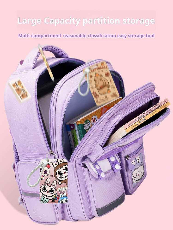 حقيبة LABUBULavender حقيبة LABUBU backpack with large compartments, cute cartoon design, and multi-pocket organization for school supplies.