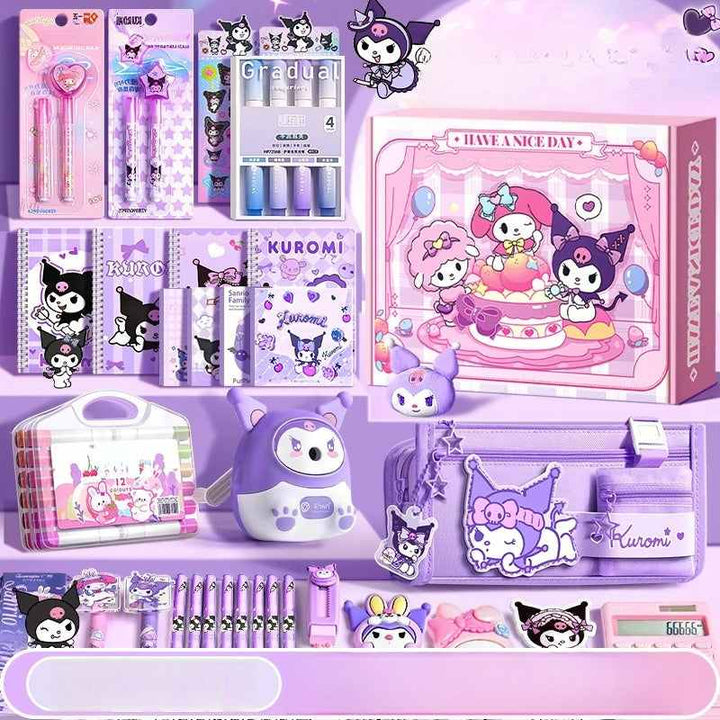 Kuromi school supplies and gift set with purple and pink designs including notebooks, pens, erasers, rulers, pencil case, accessories, and water bottles for back to school and special occasions.