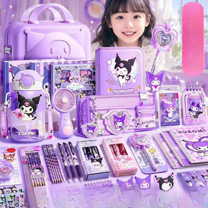 Kuromi purple and pink school supplies and gift set including notebooks, pens, erasers, rulers, pencil case, water bottles, and accessories, perfect for back to school and gifts.