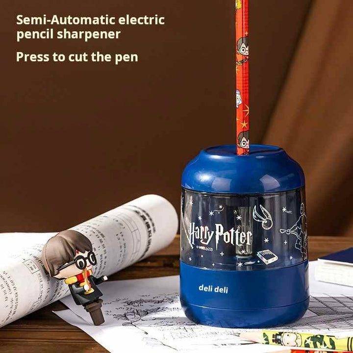 Harry Potter themed semi-automatic electric pencil sharpener in blue with magical designs by deli deli