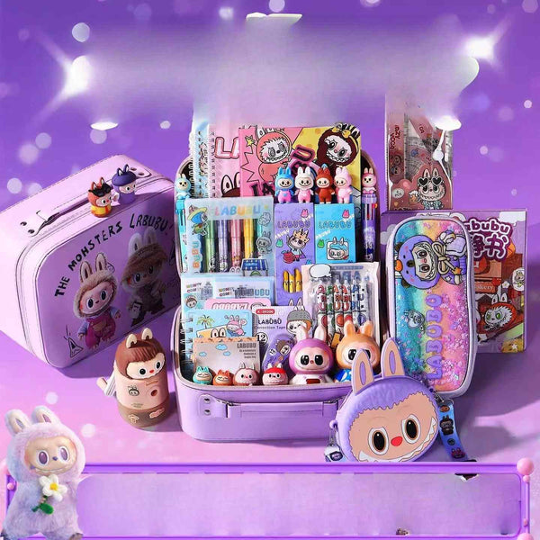 أدوات مدرسية School stationery sets with Labubu character theme including bags, notebooks, pens, stickers, and mini figurines, ideal for gifts.