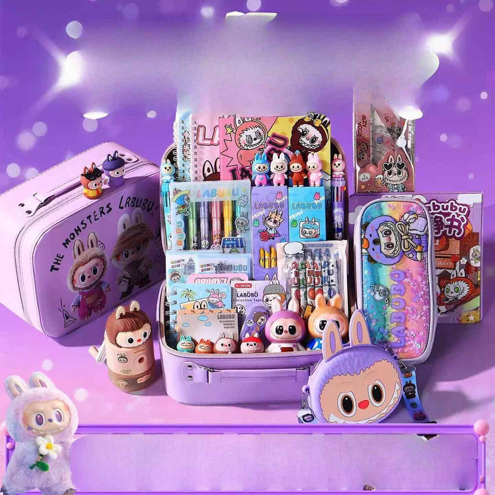أدوات مدرسية School stationery sets with Labubu character theme including bags, notebooks, pens, stickers, and mini figurines, ideal for gifts.