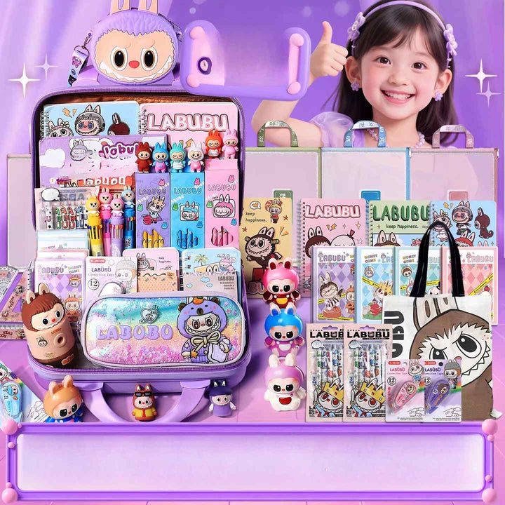 Colorful Labubu themed school supplies sets including bags, notebooks, pens, stickers, and stationery accessories displayed with a smiling child.