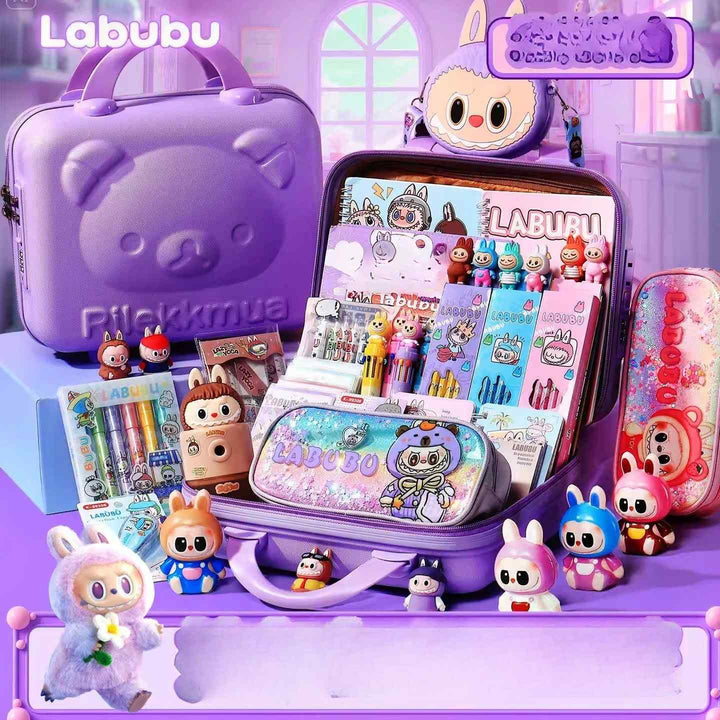 Purple Labubu-themed school supplies set including stationery, notebooks, pens, erasers, pencil cases, stickers, and character figurines in a hard case.