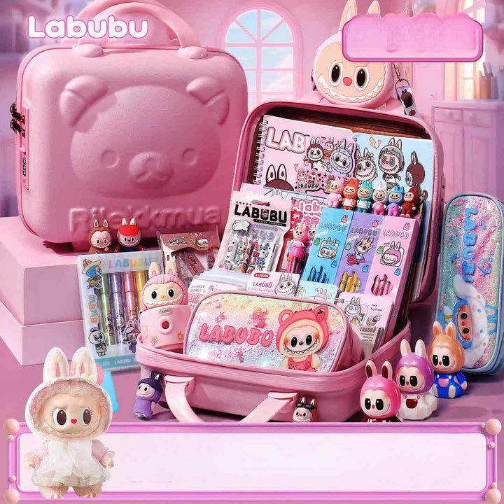 Pink Labubu-themed school stationery set with notebooks, pens, erasers, stickers, and storage case.