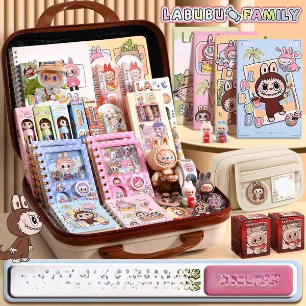أدوات مدرسيةSchool stationery and gift sets featuring Labubu character with notebooks, pens, erasers, coloring tools, stickers, and accessories in a sturdy case