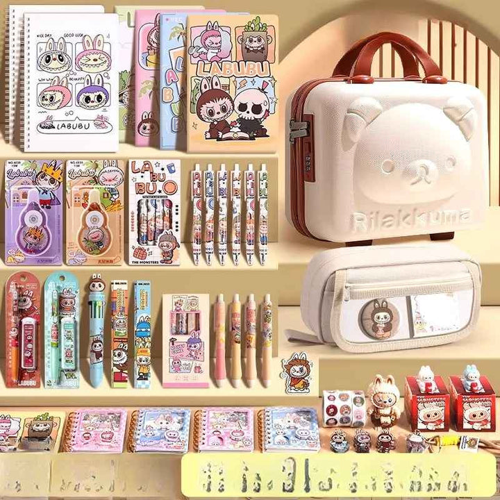 Labubu themed school stationery sets with notebooks, pens, erasers, coloring tools, stickers, and accessories in colorful designs, ideal for children and gift-giving.
