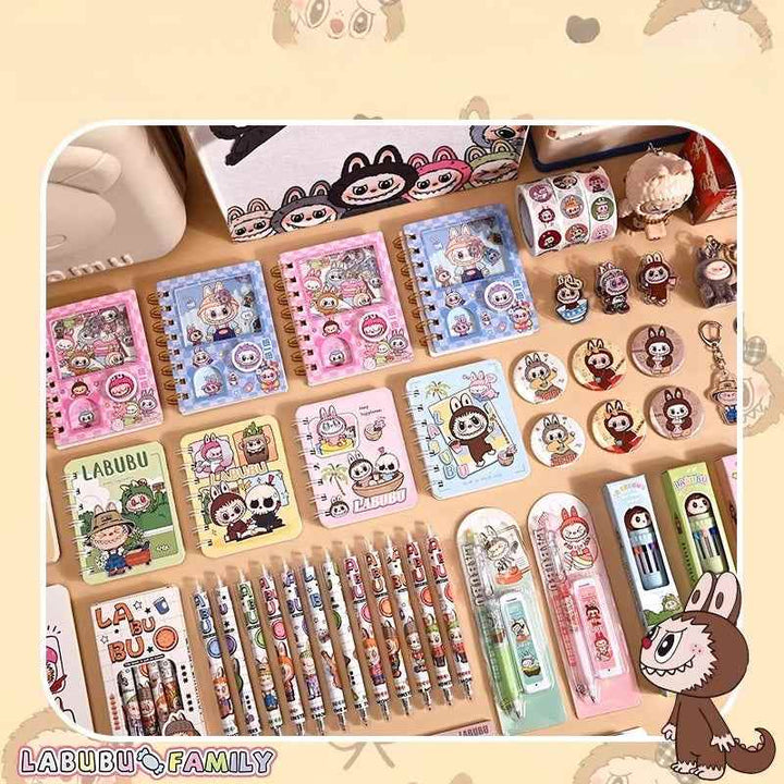 Labubu themed colorful school stationery set with notebooks, pencils, erasers, stickers, and accessories for kids.