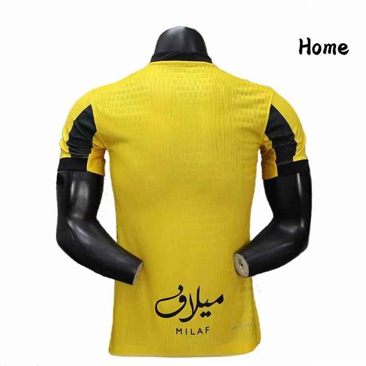 Back view of Al Ittihad Club 2025/26 home jersey in yellow and black breathable fabric with MILAF logo at the bottom