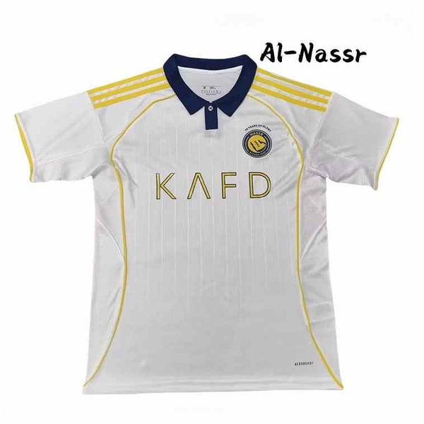 Al-Nassr 25/26 football jersey white with gold stripes and navy collar طقم العالمي 25/26 player edition breathable fabric