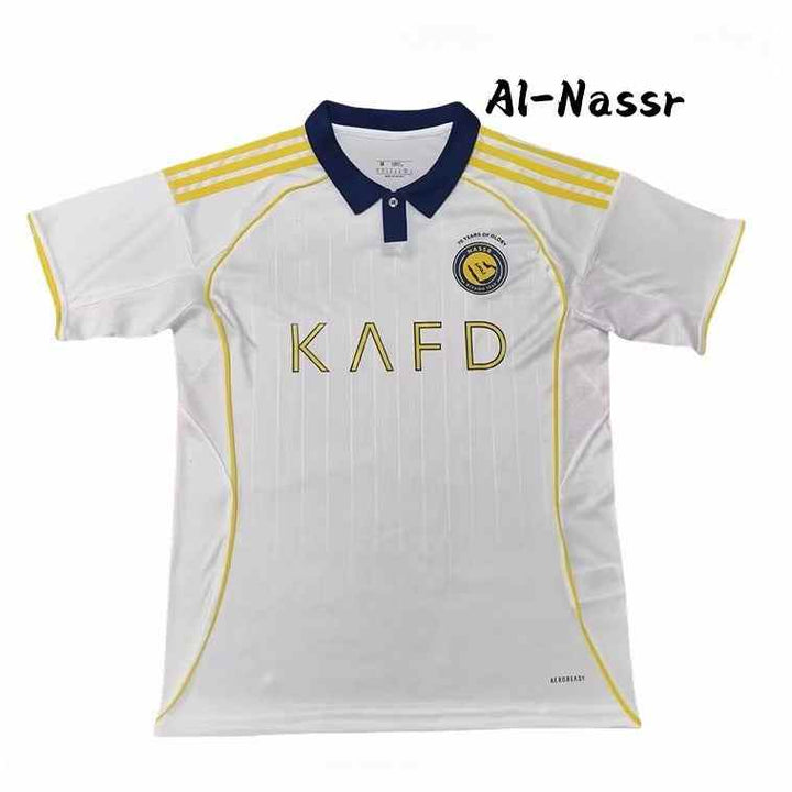 Al-Nassr 25/26 football jersey white with gold stripes and navy collar طقم العالمي 25/26 player edition breathable fabric
