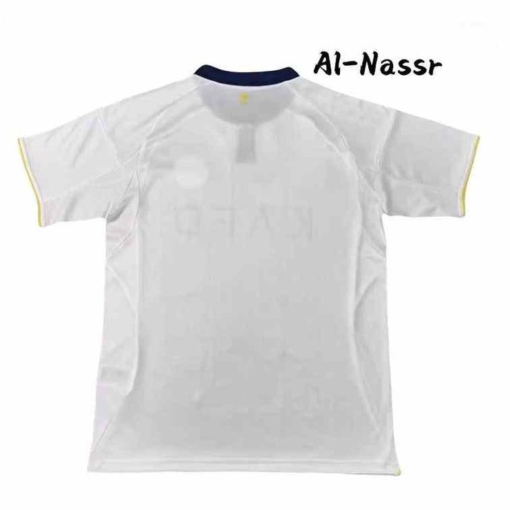 White Al-Nassr football jersey with subtle vertical stripes, gold accents, and a navy collar, 25/26 player edition kit