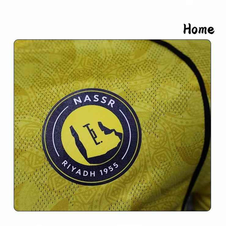 Yellow Nassr Riyadh 1955 football jersey with black details and breathable fabric for players