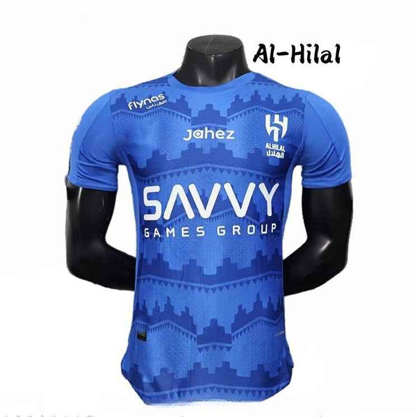 Blue Al Hilal 25/26 football jersey with Saudi heritage geometric patterns and AeroReady breathable fabric