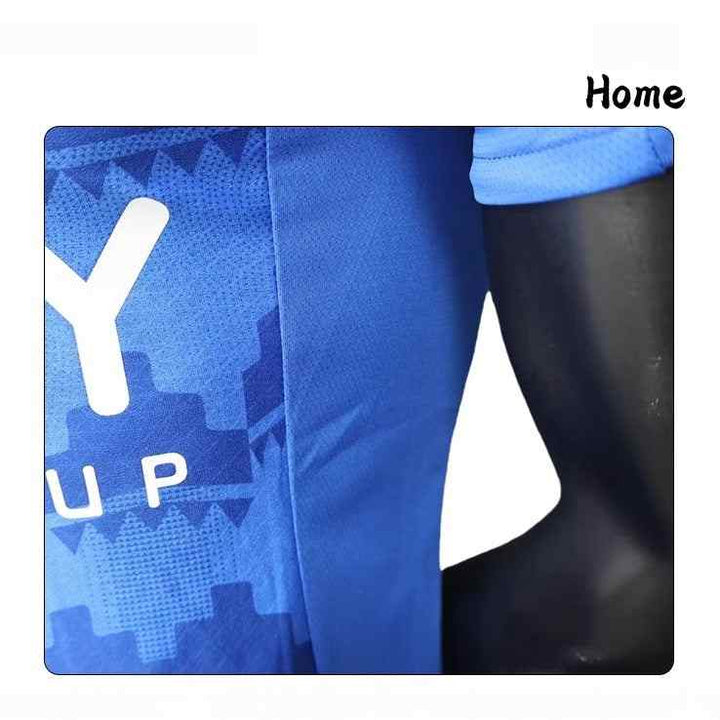 Blue Al Hilal home jersey 25/26 with geometric Saudi heritage patterns and AeroReady breathable fabric.