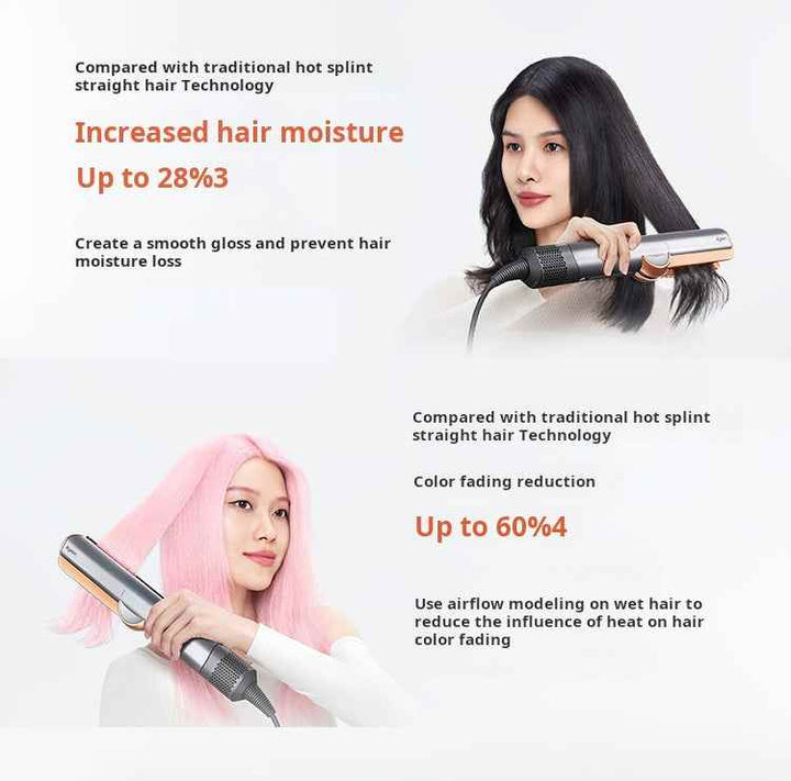 Dyson Airstrait hair styling tool drying and straightening hair with increased moisture retention and color fading reduction.
