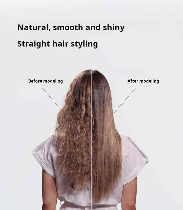 Dyson Airstrait hair styler showing before and after results for natural, smooth, shiny straight hair.