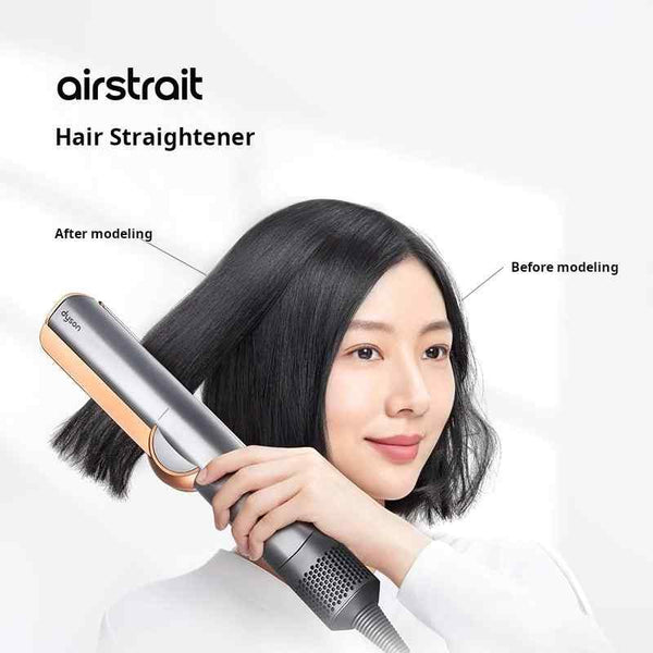 Dyson Airstrait hair straightener and dryer showing before and after hair styling results with sleek design and easy use.