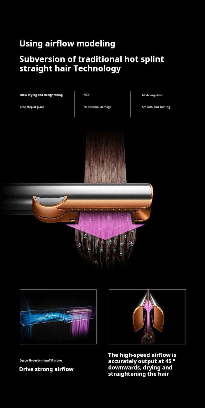 Dyson Airstrait device drying and straightening hair with advanced airflow technology and smooth finish