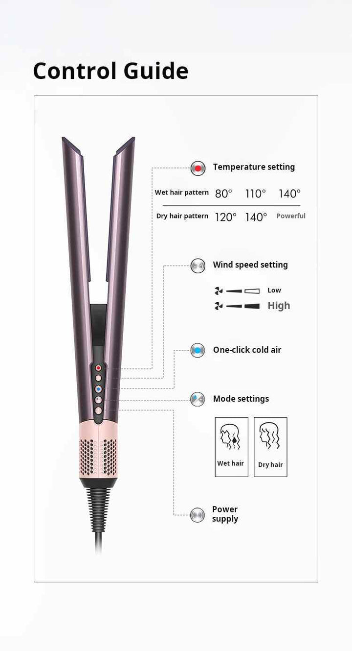 Dyson Airstrait hairdryer and straightener combo with adjustable temperature and wind speed settings for wet and dry hair.