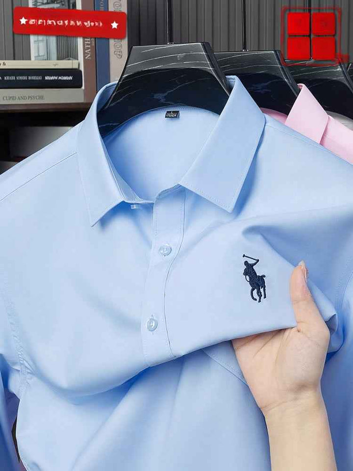 light blue polo shirt with high-quality embroidery, casual formal style for high school youth