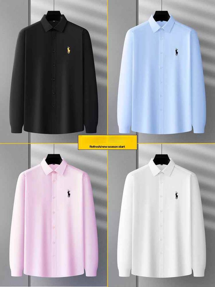 Set of four polo shirts for high school youth in black, blue, pink, and white colors with high-quality embroidery and classic casual style