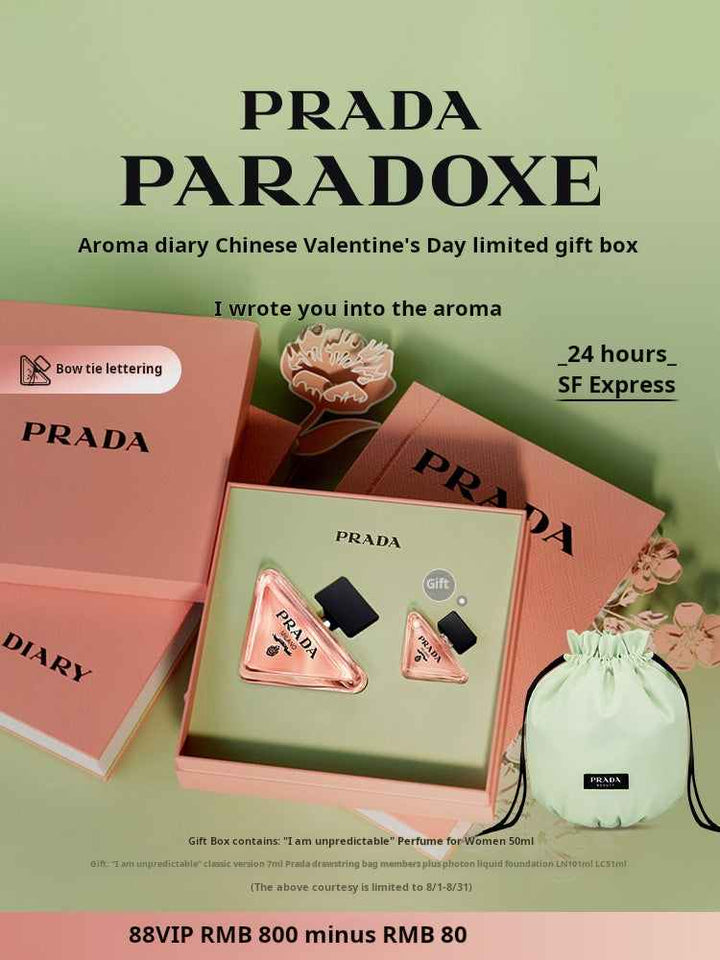 PRADA برايم بارادوكس limited edition women's perfume gift set with 50ml eau de parfum, mini perfume, and elegant Prada fabric pouch in pink box
