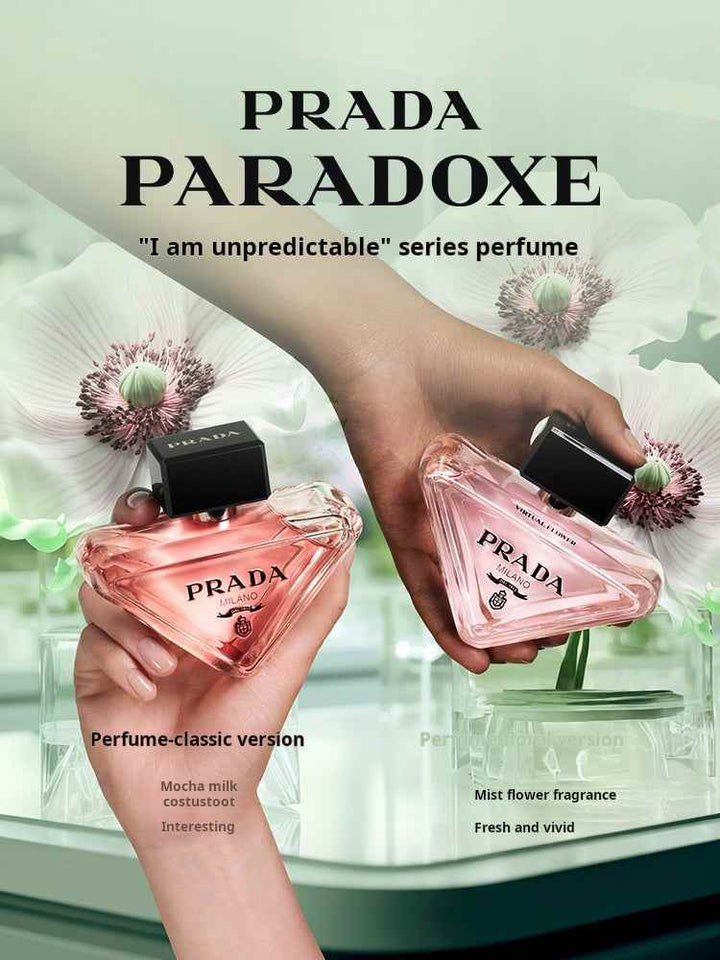 PRADA Paradoxe luxury women's perfume set with fresh orange blossom, warm woods, white musk, and elegant pink triangular bottles