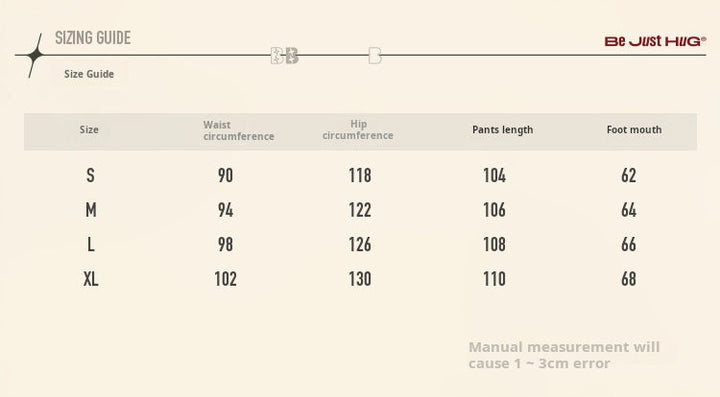 size guide chart for embroidered wide pants with waist, hip, length, and foot mouth measurements in centimeters
