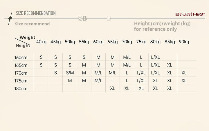 Size recommendation chart for embroidered wide pants showing suggested sizes based on height and weight for Be Just Hug brand.