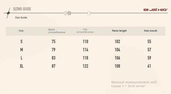 Sizing guide for بنطال كاروهات واسع showing waist, hip, length, and foot mouth measurements in sizes S to XL