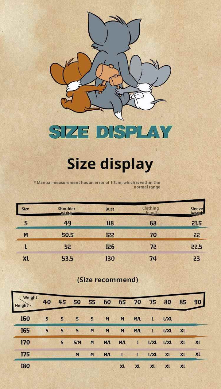 Tom and Jerry cartoon characters illustrating size display chart for BJHG تيشيرت توم وجيري cotton oversized t-shirt with shoulder, bust, clothing length, and sleeve length measurements in centimeters.