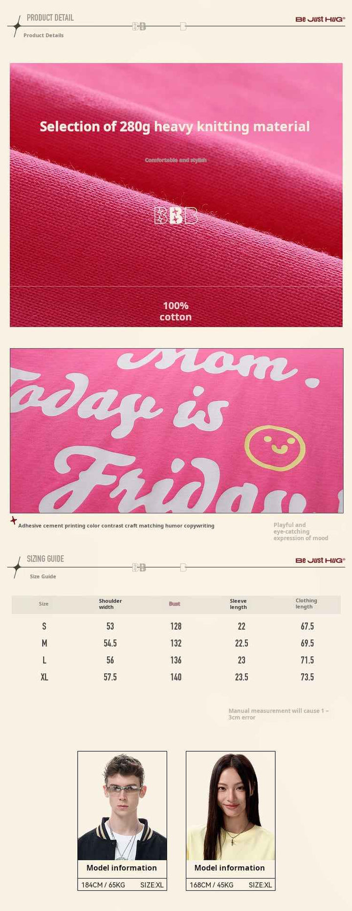 Pink heavy cotton t-shirt with "Mom Day is Friday" printed logo and smiley design, casual youthful style