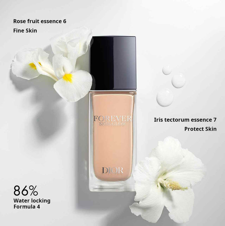 Dior Forever Foundation bottle with white flowers highlighting moisturizing and protective skin essences for radiant, long-lasting coverage