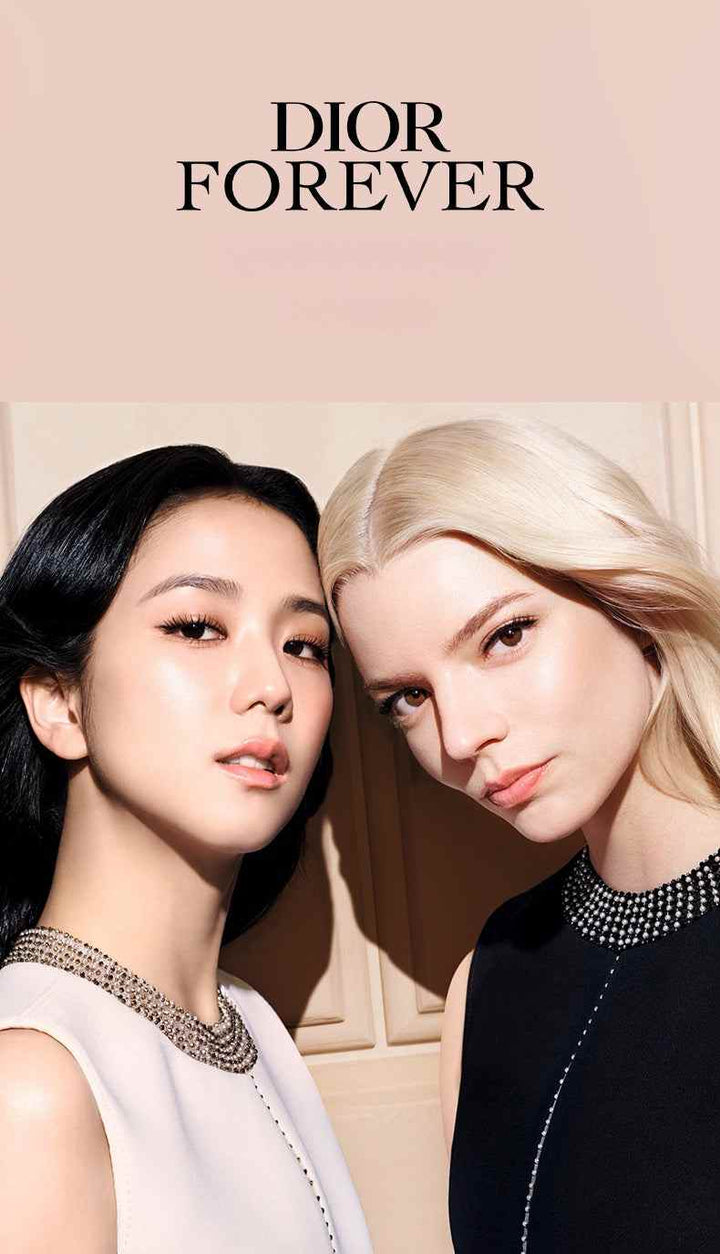 Two women with flawless glowing skin showcasing Dior Forever Foundation luxury makeup collection advertisement