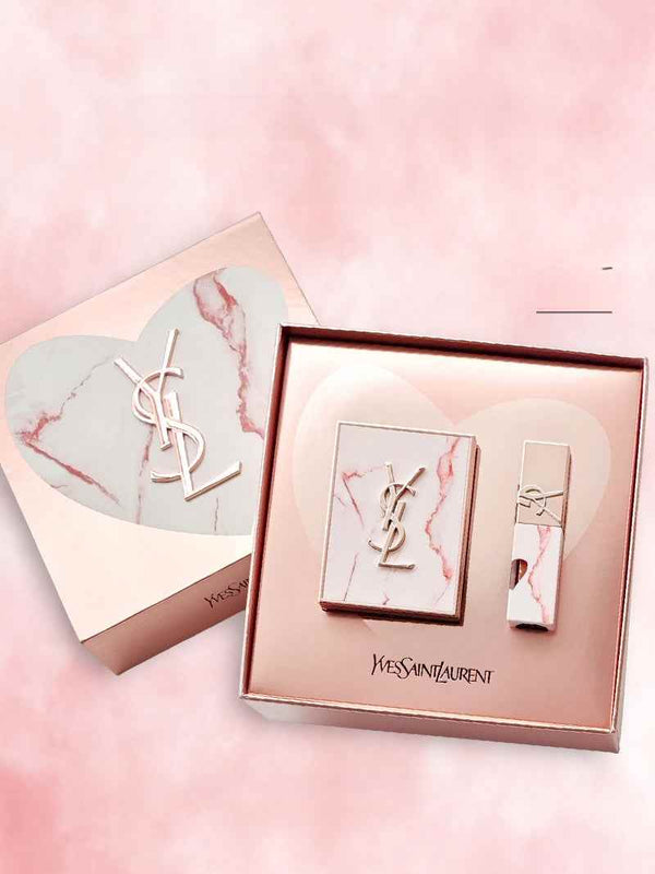 YSL Pink Marble Limited Edition luxury makeup set with pink marble design and gold YSL logo