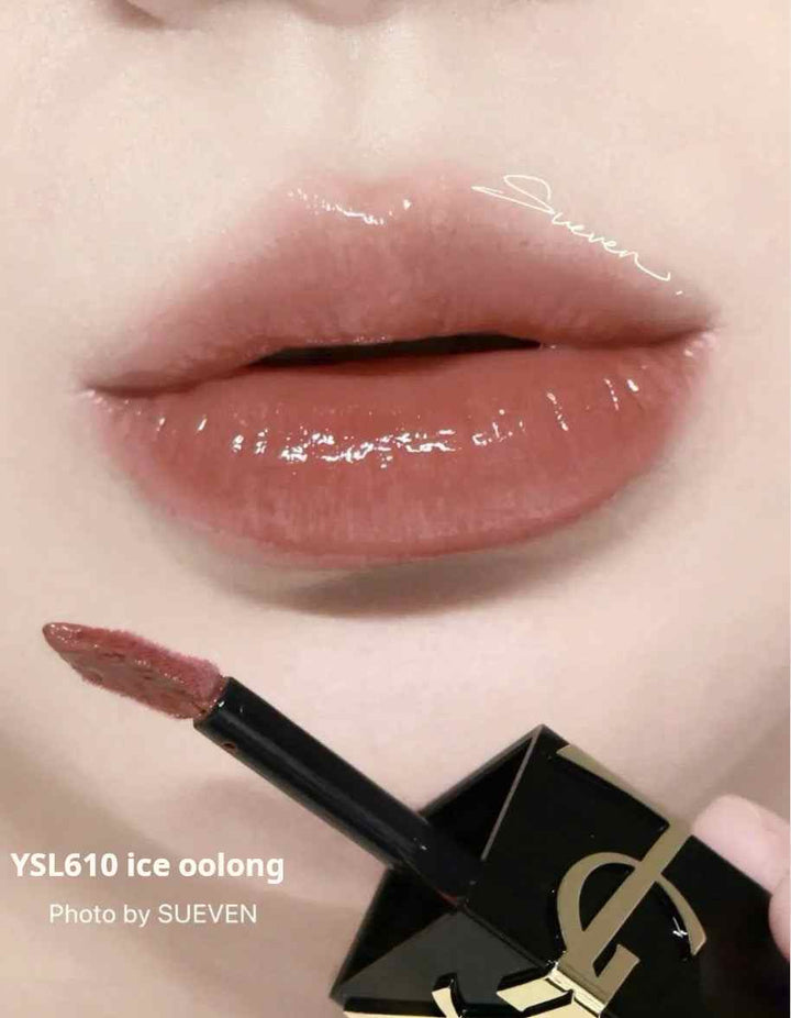 Glossy lips with YSL Pink Marble limited edition lipstick in shade YSL610 ice oolong