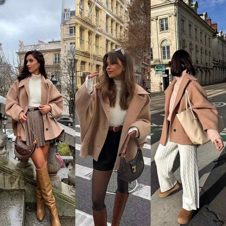 معطف شتوي نسائي أوفر سايز باللون البيج أنيق دافئ ومريح مع تصميم عصري وأزرار أمامية، مثالي لموسم الشتاء