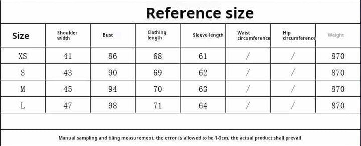 Size chart for women's European and American style blazer with shoulder, bust, clothing length, sleeve length measurements in XS to L options