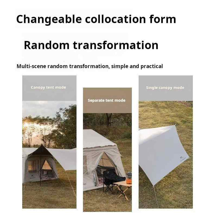 Inflatable camping tent with multiple configurations including canopy and single canopy modes for outdoor use