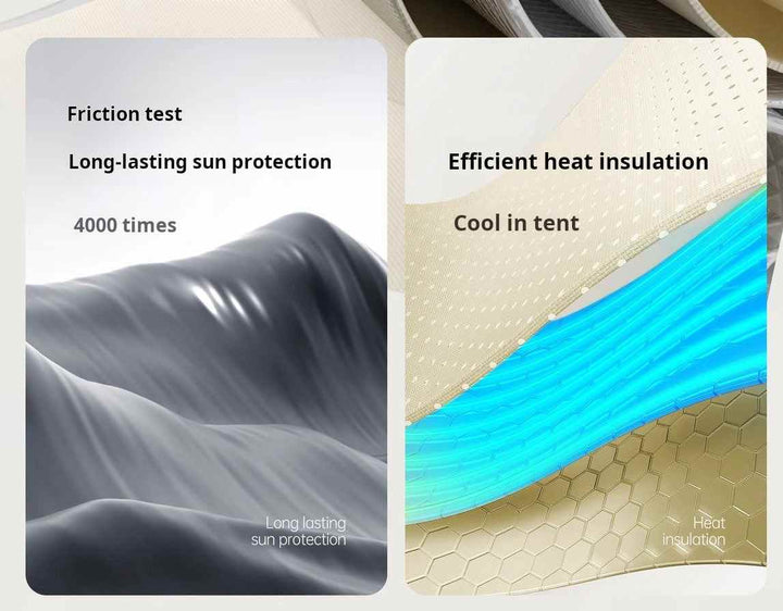 Inflatable tent camping material showing long-lasting sun protection and efficient heat insulation features.
